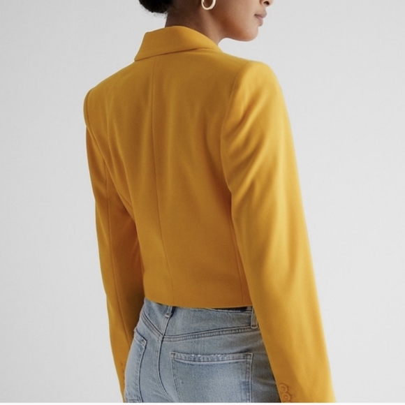 Express Cropped Jacket One Button Collar Size L Yellow Padded Shoulders - Picture 3 of 9